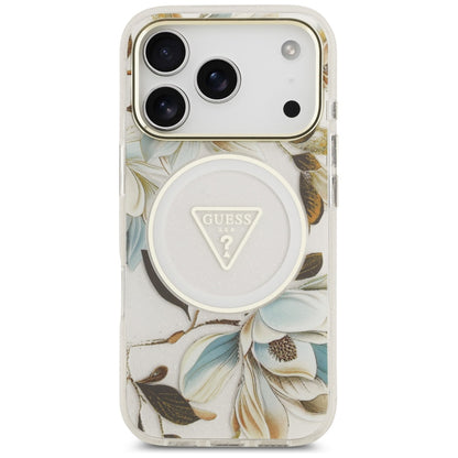 MagSafe Case for Apple iPhone 17 Pro Max, Guess, IML Metal Glitter Flowers Triangle, White