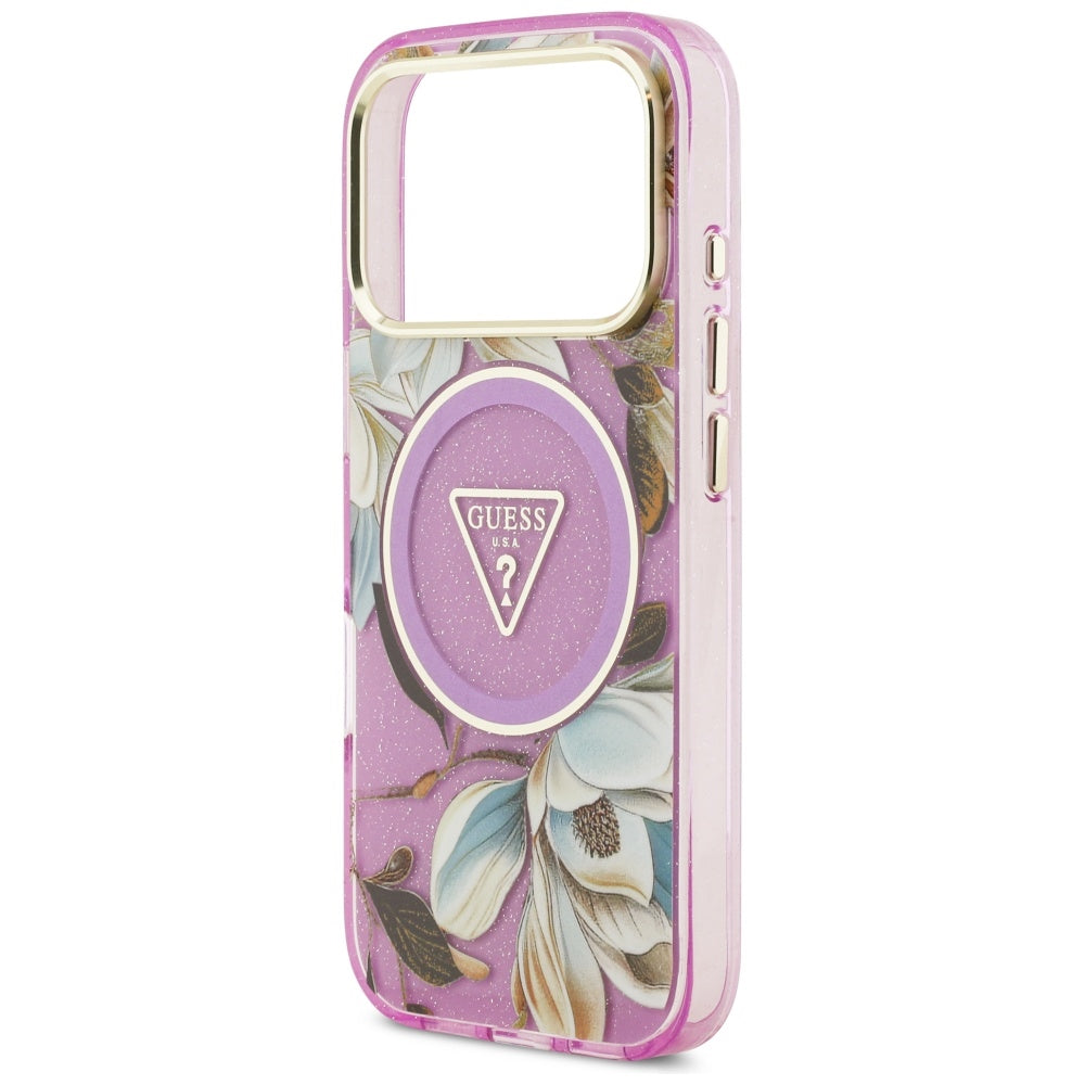 MagSafe Case for Apple iPhone 17 Pro Max, Guess, IML Metal Glitter Flowers Triangle, Purple