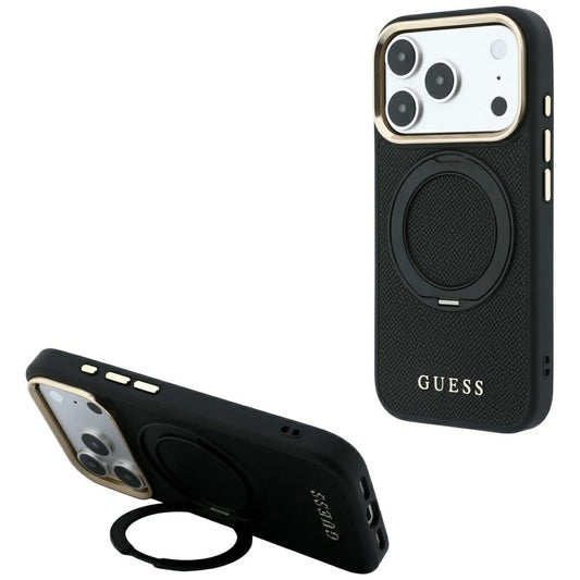MagSafe Case for Apple iPhone 18 Pro / 17 Pro, Guess, Grained Ring Stand 360 Classic, Black