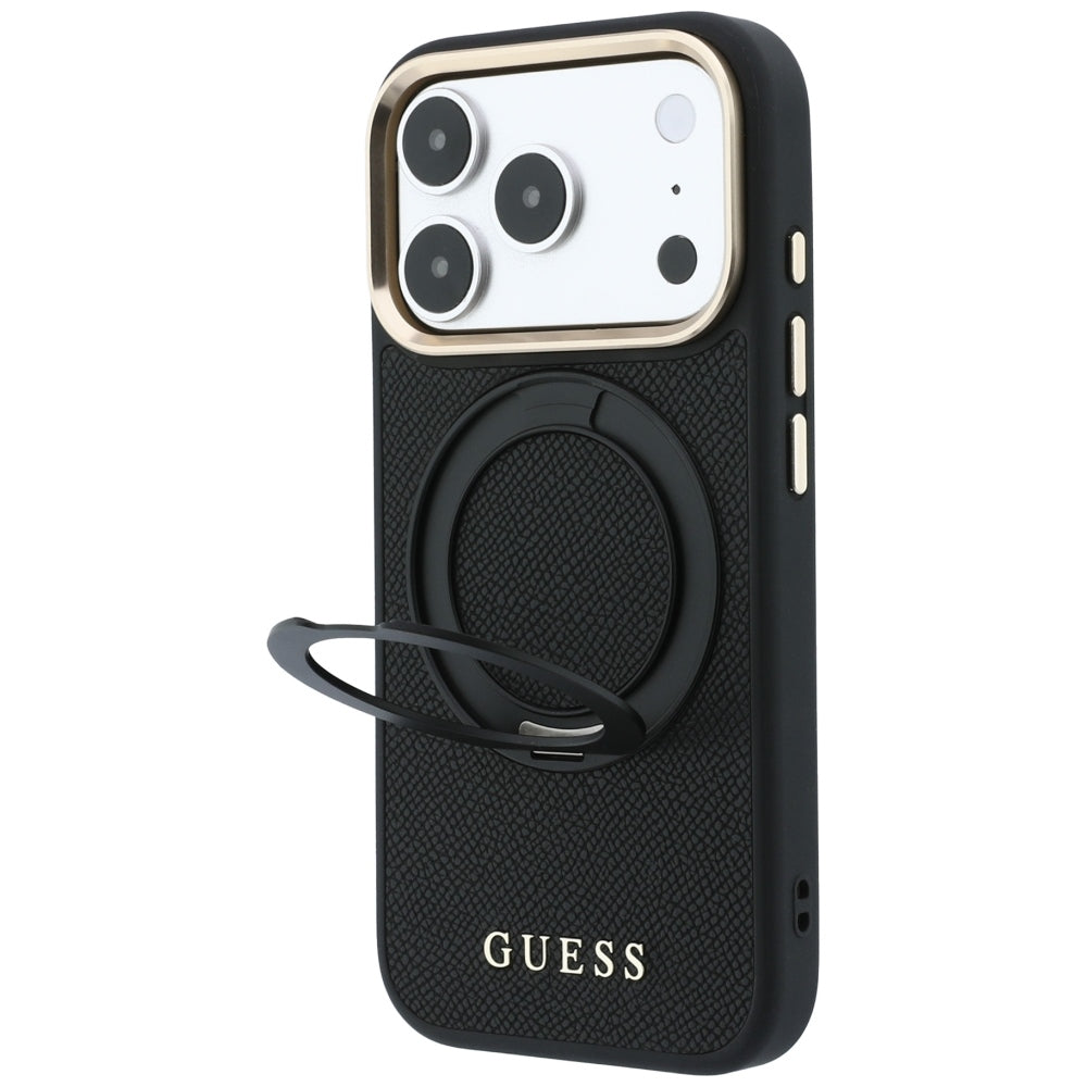 MagSafe Case for Apple iPhone 18 Pro / 17 Pro, Guess, Grained Ring Stand 360 Classic, Black