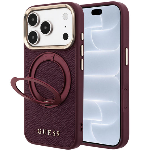 MagSafe Case for Apple iPhone 18 Pro / 17 Pro, Guess Grained Ring Stand 360 Classic, Burgundy