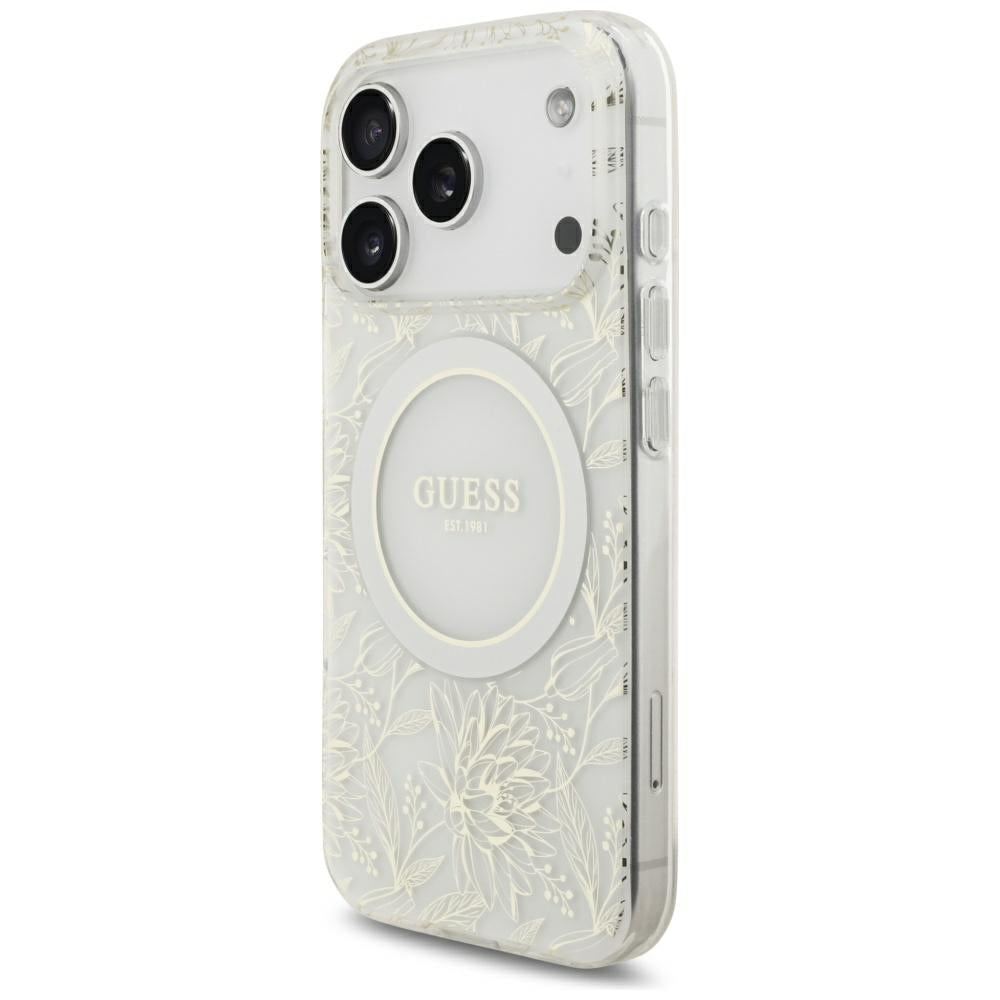 MagSafe Case for Apple iPhone 18 Pro / 17 Pro, Guess, IML Flowers Electroplated with Pearl Strap, White