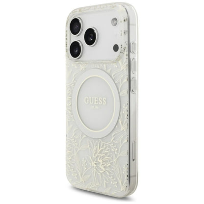 MagSafe Case for Apple iPhone 18 Pro / 17 Pro, Guess, IML Flowers Electroplated with Pearl Strap, White