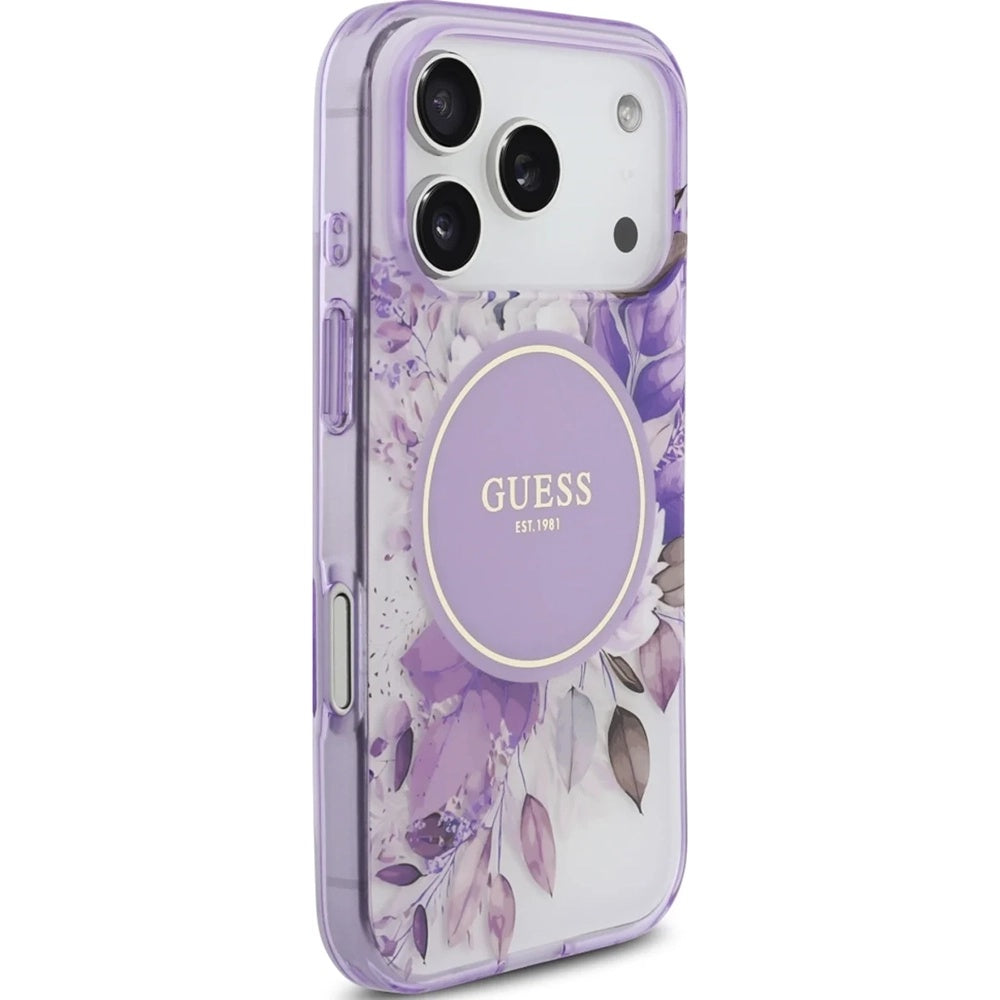 MagSafe Case for Apple iPhone 18 Pro / 17 Pro, Guess, IML Flowers with Pearl Strap, Purple