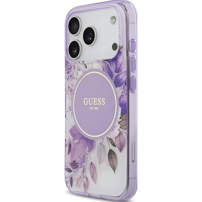MagSafe Case for Apple iPhone 18 Pro / 17 Pro, Guess, IML Flowers with Pearl Strap, Purple