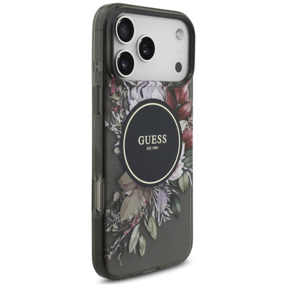 MagSafe Case for Apple iPhone 18 Pro / 17 Pro, Guess, IML Flowers with Pearl Strap, Black