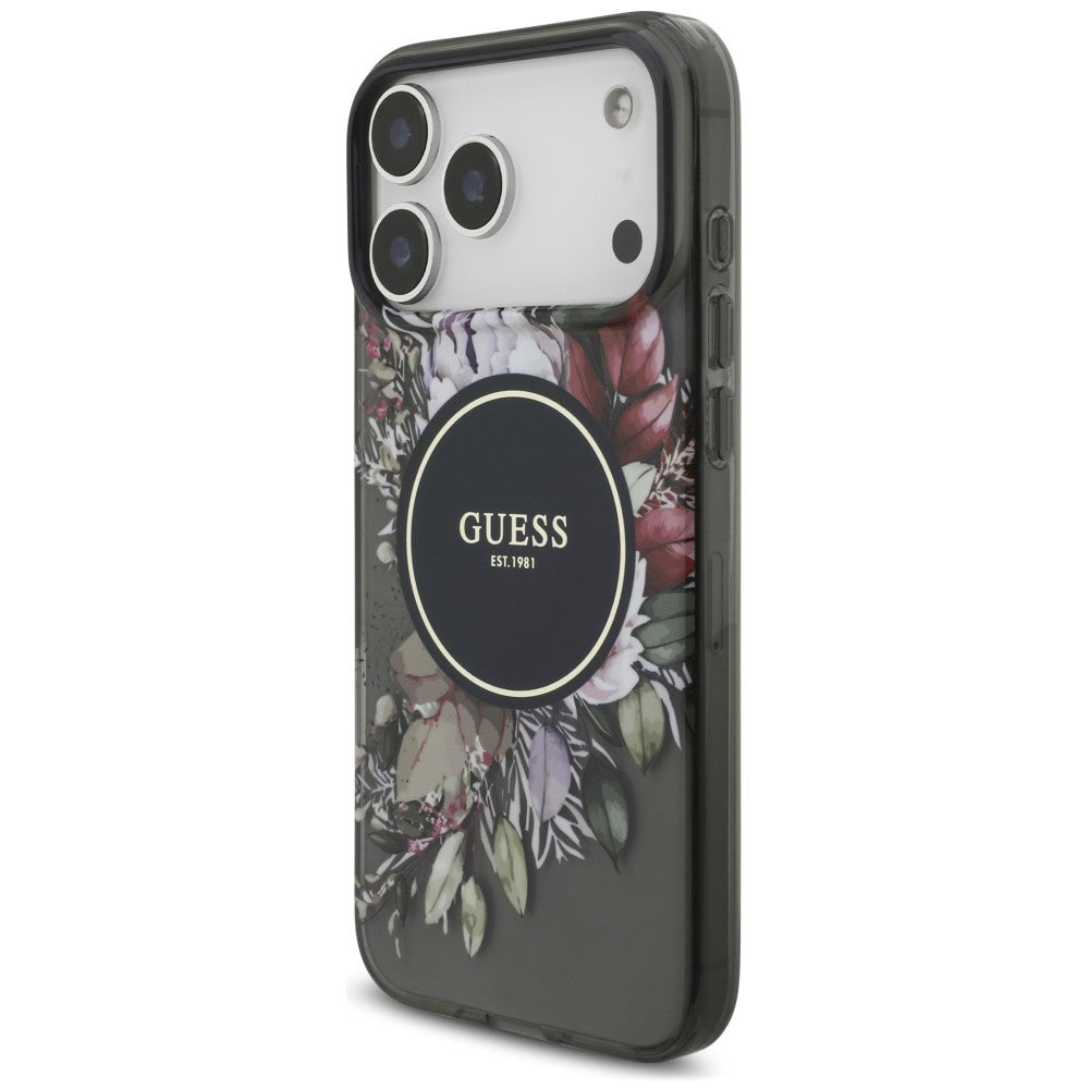 MagSafe Case for Apple iPhone 18 Pro / 17 Pro, Guess, IML Flowers with Pearl Strap, Black
