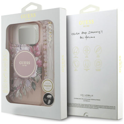 MagSafe Case for Apple iPhone 18 Pro / 17 Pro, Guess, IML Flowers with Pearl Strap, Pink