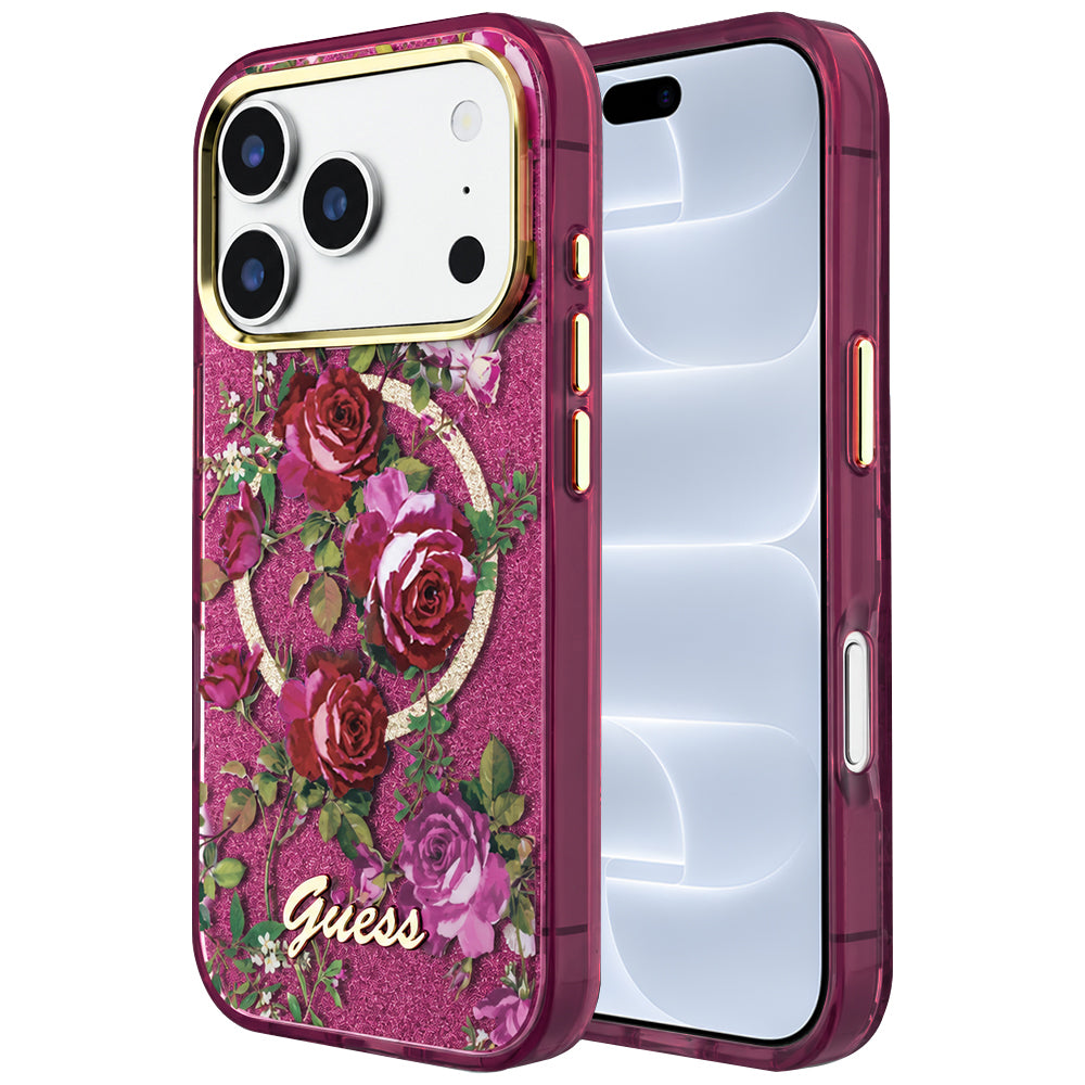 MagSafe Case for Apple iPhone 18 Pro / 17 Pro, Guess, IML Glitter Blossom Roses, Burgundy