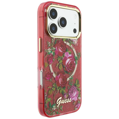 MagSafe Case for Apple iPhone 18 Pro / 17 Pro, Guess, IML Glitter Blossom Roses, Burgundy