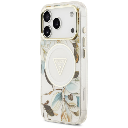 MagSafe Case for Apple iPhone 18 Pro / 17 Pro, Guess, IML Metal Glitter Flowers Triangle, White