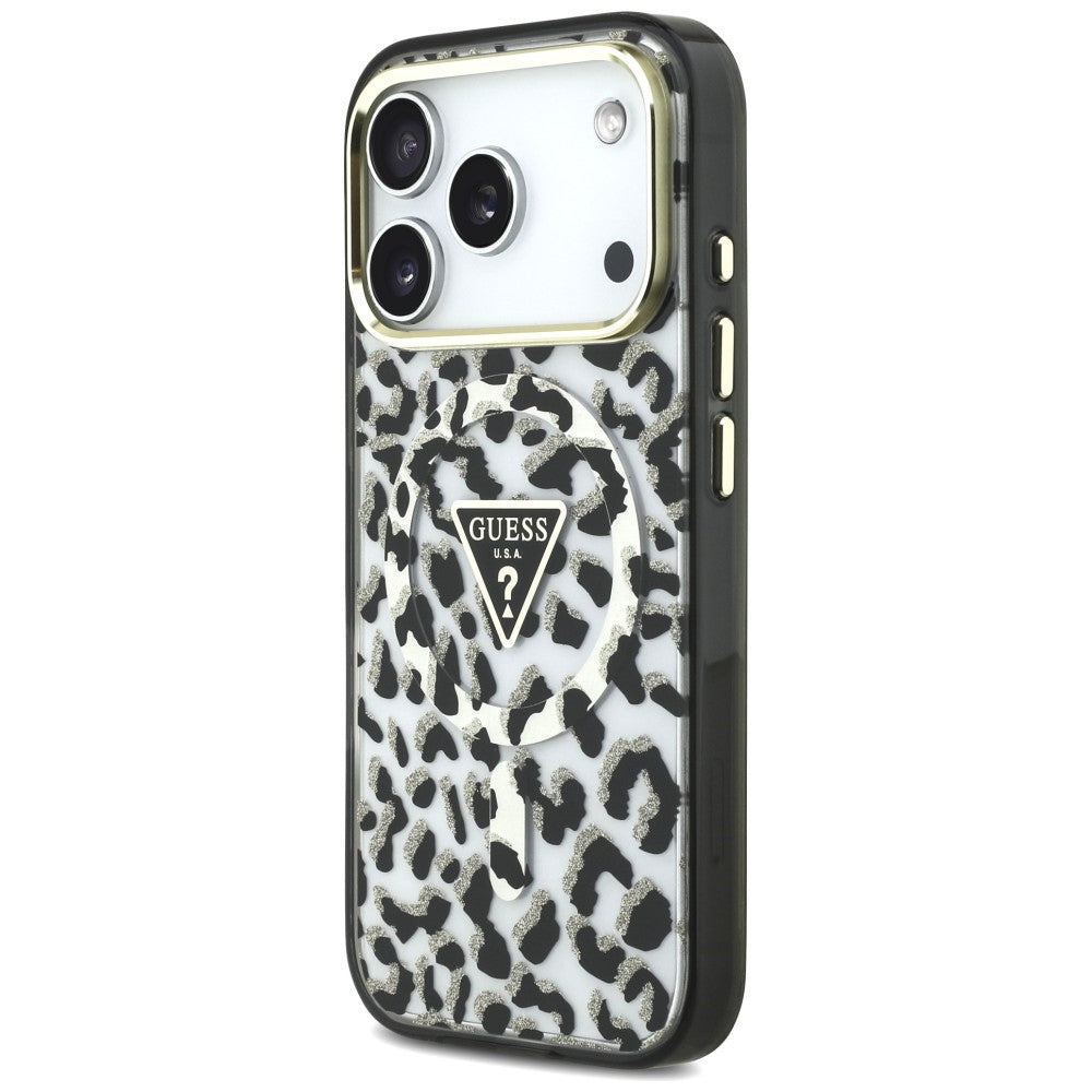 MagSafe Case for Apple iPhone 18 Pro / 17 Pro, Guess, Leopard Glitter Triangle Logo, Black