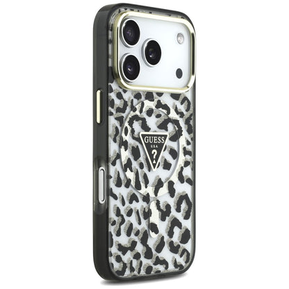 MagSafe Case for Apple iPhone 18 Pro / 17 Pro, Guess, Leopard Glitter Triangle Logo, Black
