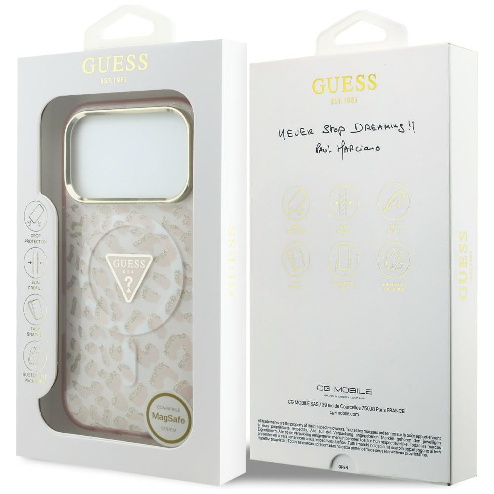 MagSafe Case for Apple iPhone 18 Pro / 17 Pro, Guess, Leopard Glitter Triangle Logo, Pink