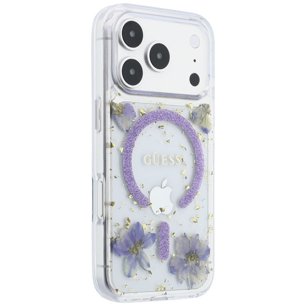 MagSafe Case for Apple iPhone 18 Pro / 17 Pro, Guess, Resin Flowers and Glitter, Purple