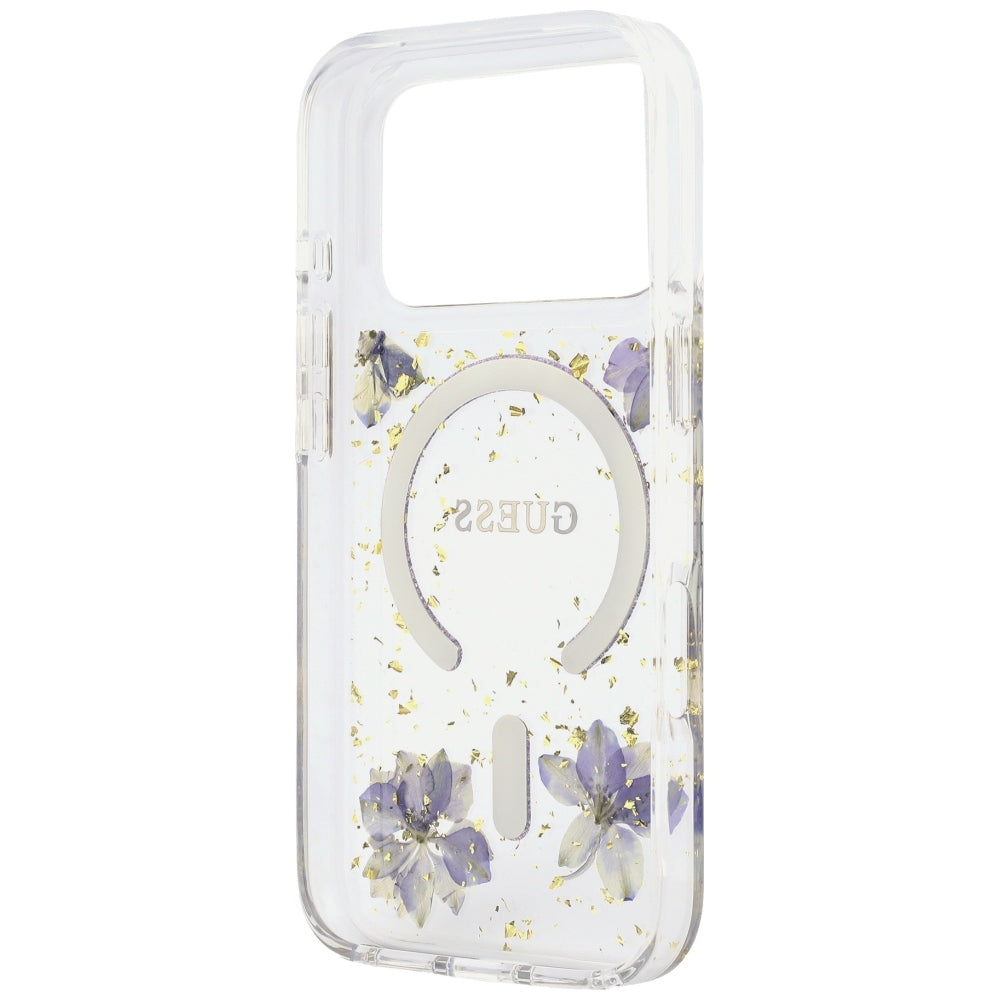MagSafe Case for Apple iPhone 18 Pro / 17 Pro, Guess, Resin Flowers and Glitter, Purple