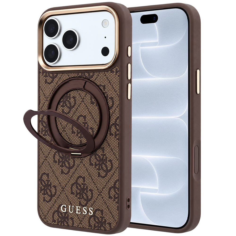 MagSafe Case for Apple iPhone 18 Pro / 17 Pro, Guess, Ring Stand 360 4G Classic Logo, Brown