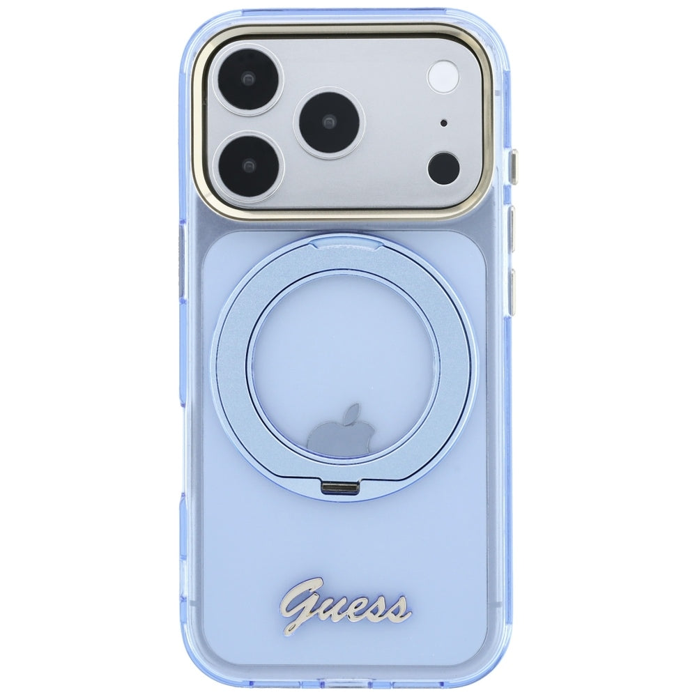 MagSafe Case for Apple iPhone 18 Pro / 17 Pro, Guess, Ring Stand Script Metal Logo, Blue