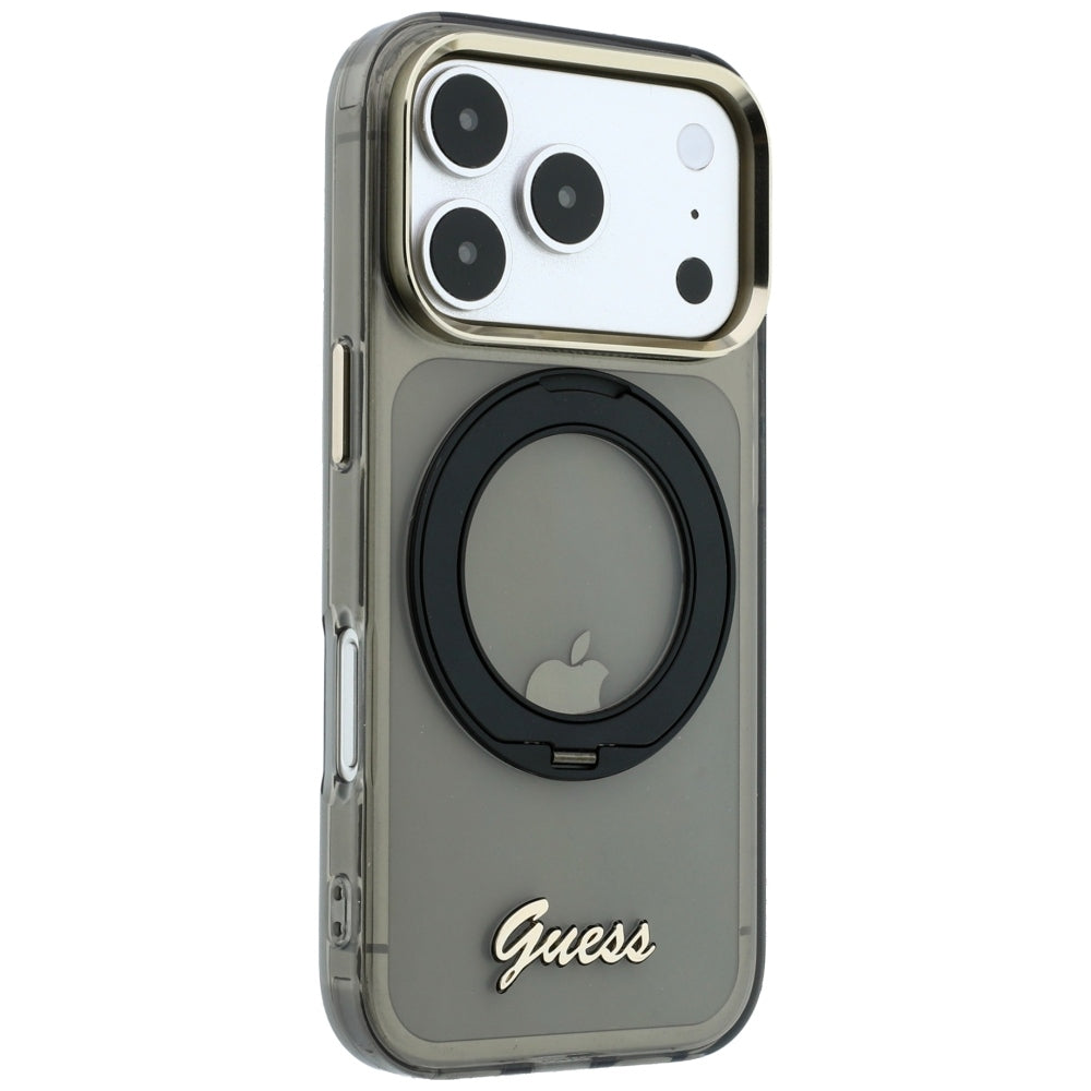 MagSafe Case for Apple iPhone 18 Pro / 17 Pro, Guess, Ring Stand Script Metal Logo, Black