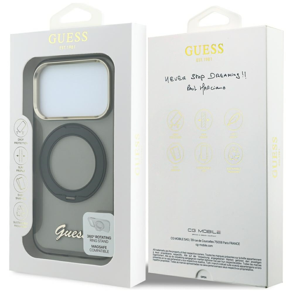 MagSafe Case for Apple iPhone 18 Pro / 17 Pro, Guess, Ring Stand Script Metal Logo, Black