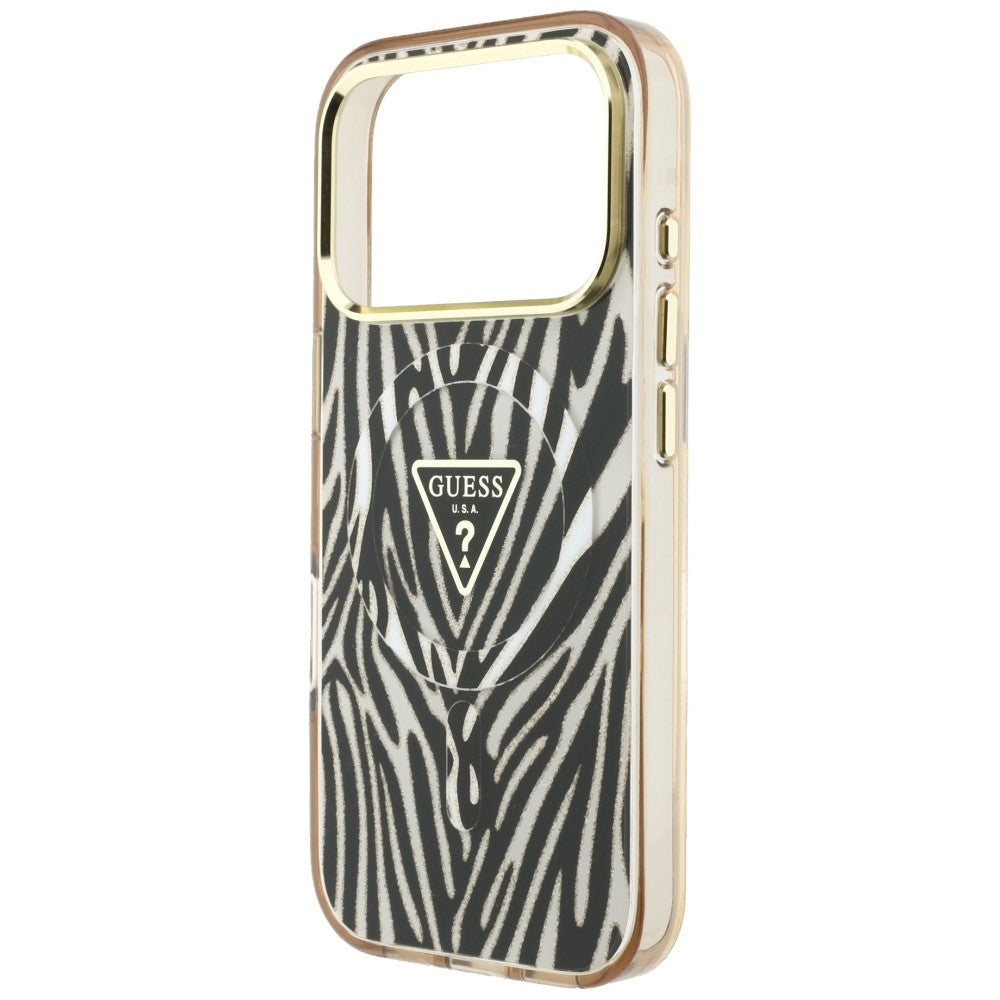 MagSafe Case for Apple iPhone 18 Pro / 17 Pro, Guess, Zebra Glitter Triangle Logo, Gold
