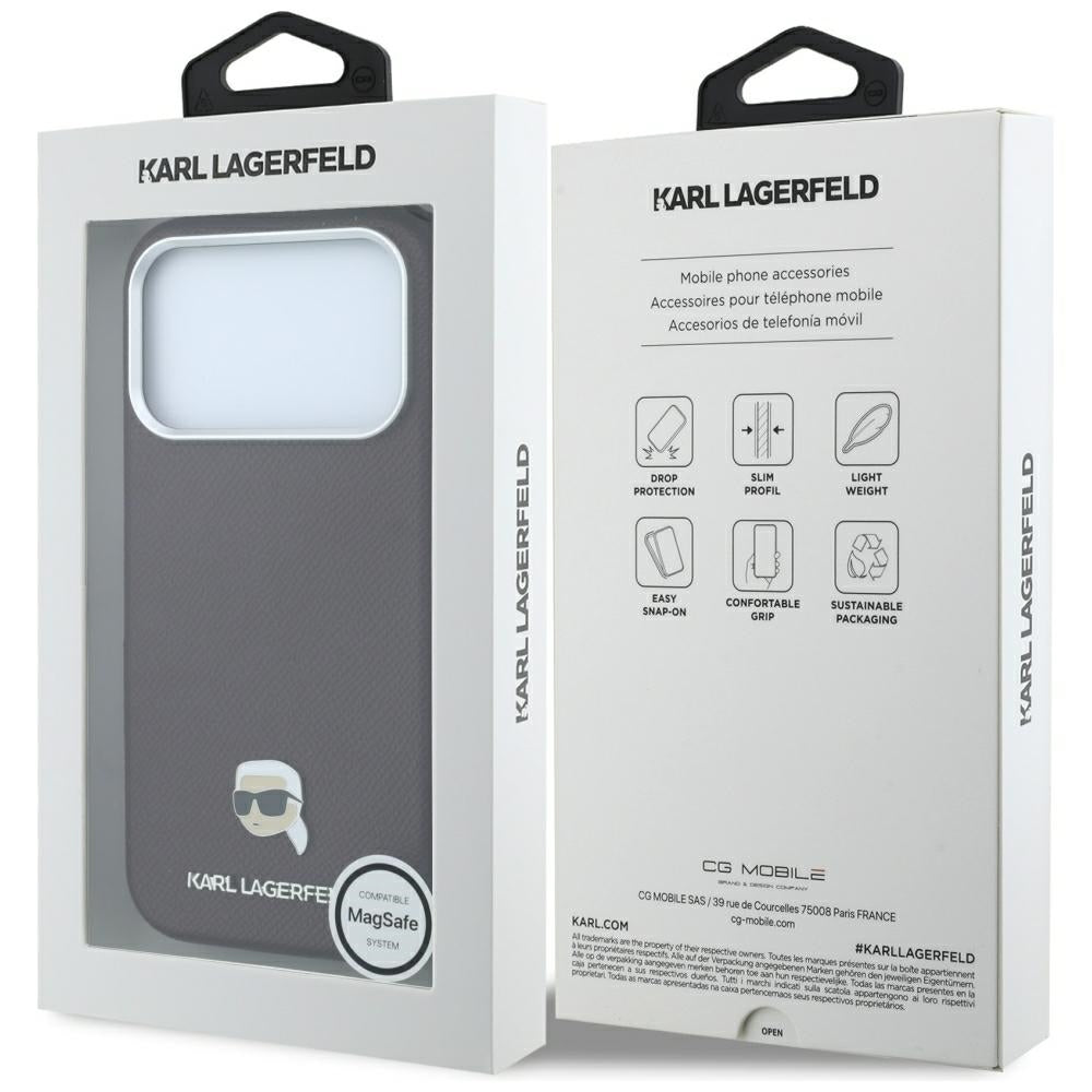 MagSafe Case for Apple iPhone 18 Pro / 17 Pro, Karl Lagerfeld, Grained Karl Head's Metal, Burgundy