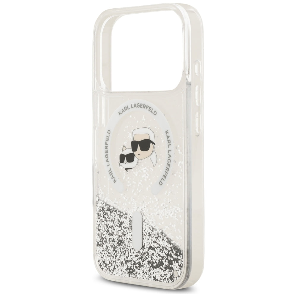 MagSafe Case for Apple iPhone 18 Pro / 17 Pro, Karl Lagerfeld, Liquid Glitter Karl & Choupette Head's, Transparent