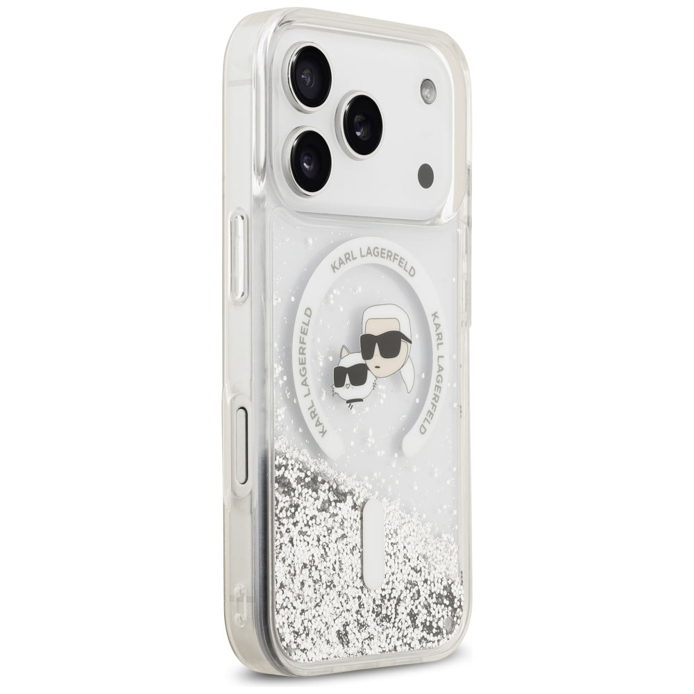 MagSafe Case for Apple iPhone 18 Pro / 17 Pro, Karl Lagerfeld, Liquid Glitter Karl & Choupette Head's, Transparent