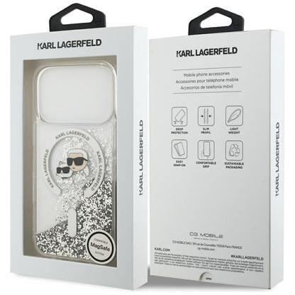 MagSafe Case for Apple iPhone 18 Pro / 17 Pro, Karl Lagerfeld, Liquid Glitter Karl & Choupette Head's, Transparent