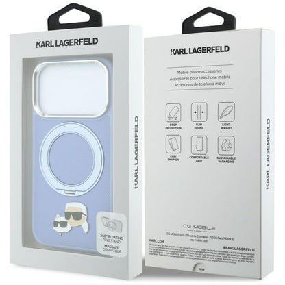 MagSafe Case for Apple iPhone 18 Pro / 17 Pro, Karl Lagerfeld, Ring Stand 360 Karl & Choupette Pin, Blue