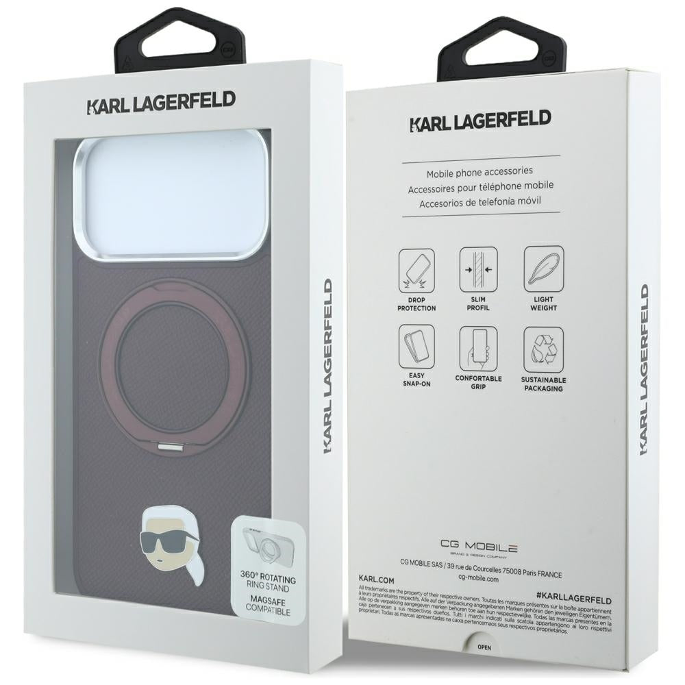 MagSafe Case for Apple iPhone 18 Pro / 17 Pro, Karl Lagerfeld, Ring Stand 360 Karl Pin, Burgundy