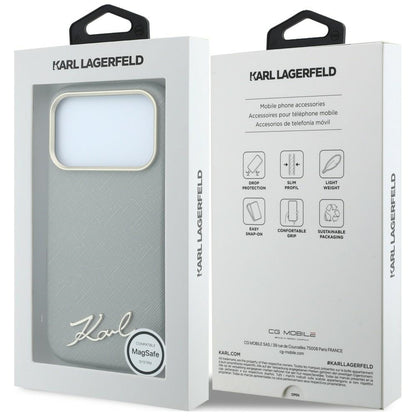 MagSafe Case for Apple iPhone 18 Pro / 17 Pro, Karl Lagerfeld, Saffiano Small Script Metal Logo, Gray Beige