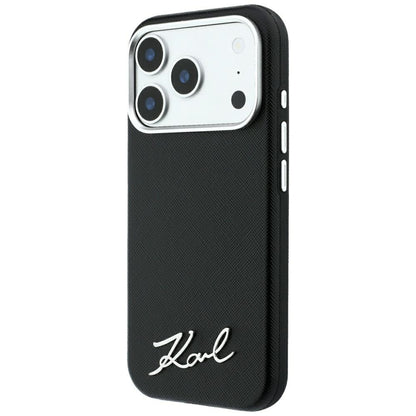 MagSafe Case for Apple iPhone 18 Pro / 17 Pro, Karl Lagerfeld, Saffiano Small Script Metal Logo, Black