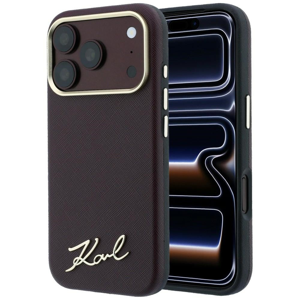 MagSafe Case for Apple iPhone 18 Pro / 17 Pro, Karl Lagerfeld, Saffiano Small Script Metal Logo, Burgundy