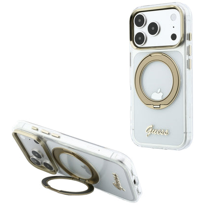 MagSafe Case for Apple iPhone 18 Pro, Guess, Ring Stand Script Metal Logo, Transparent