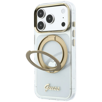 MagSafe Case for Apple iPhone 18 Pro, Guess, Ring Stand Script Metal Logo, Transparent