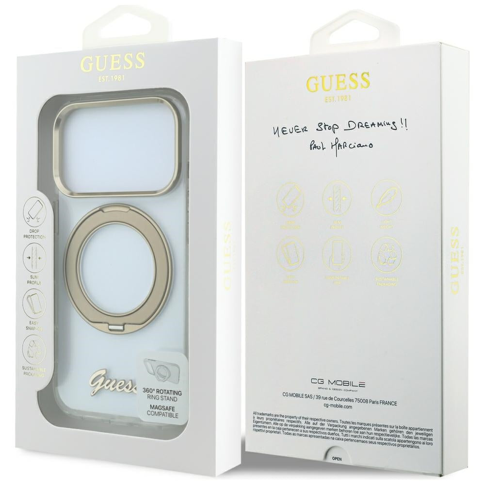 MagSafe Case for Apple iPhone 18 Pro, Guess, Ring Stand Script Metal Logo, Transparent