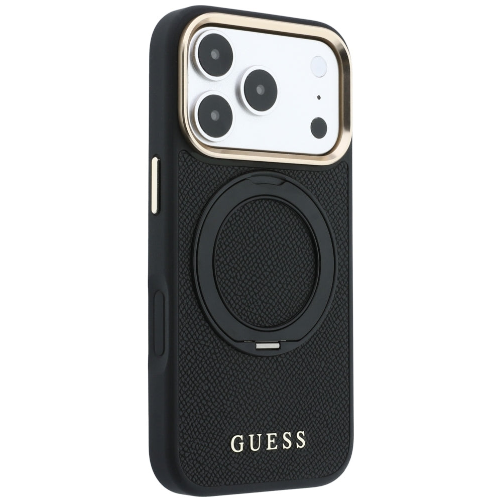 MagSafe Case for Apple iPhone 18 Pro Max / 17 Pro Max, Guess, Grained Ring Stand 360 Classic, Black