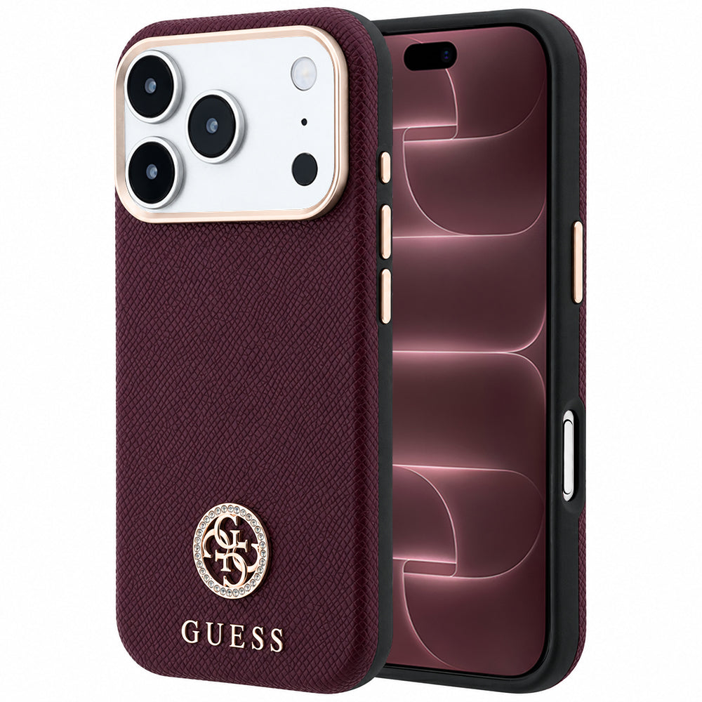 MagSafe Case for Apple iPhone 18 Pro Max / 17 Pro Max, Guess, Grained Round Strass Logo, Burgundy