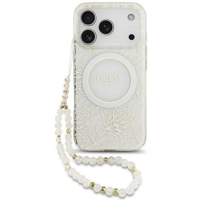 MagSafe Case for Apple iPhone 18 Pro Max / 17 Pro Max, Guess, IML Flowers Electroplated with Pearl Strap, White