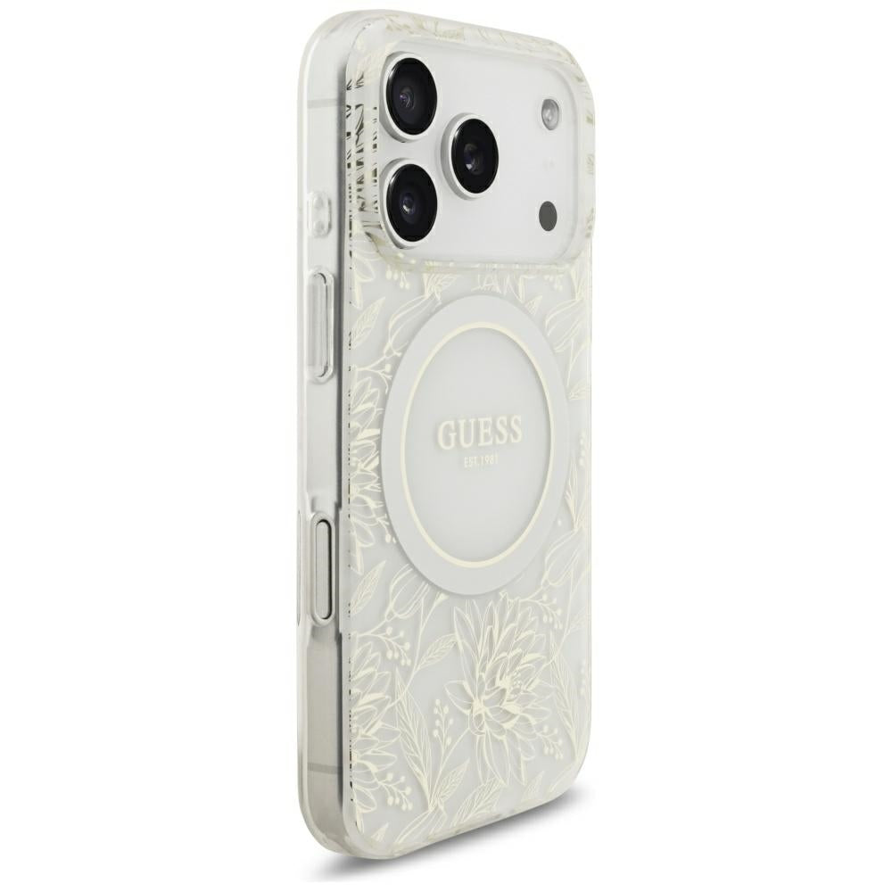 MagSafe Case for Apple iPhone 18 Pro Max / 17 Pro Max, Guess, IML Flowers Electroplated with Pearl Strap, White