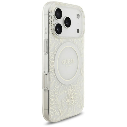 MagSafe Case for Apple iPhone 18 Pro Max / 17 Pro Max, Guess, IML Flowers Electroplated with Pearl Strap, White