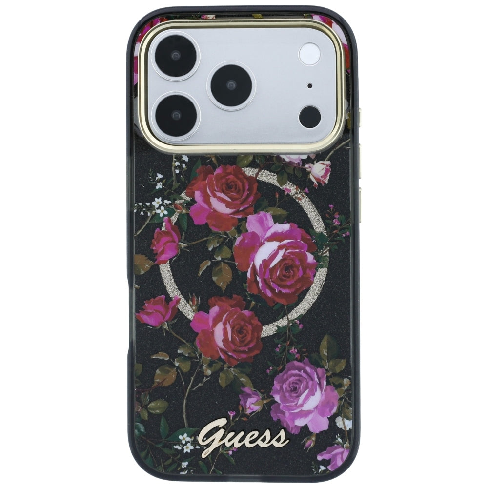 MagSafe Case for Apple iPhone 18 Pro Max / 17 Pro Max, Guess, IML Glitter Blossom Roses, Black