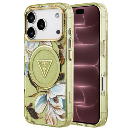 MagSafe Case for Apple iPhone 18 Pro Max / 17 Pro Max, Guess, IML Metal Glitter Flowers Triangle, Green