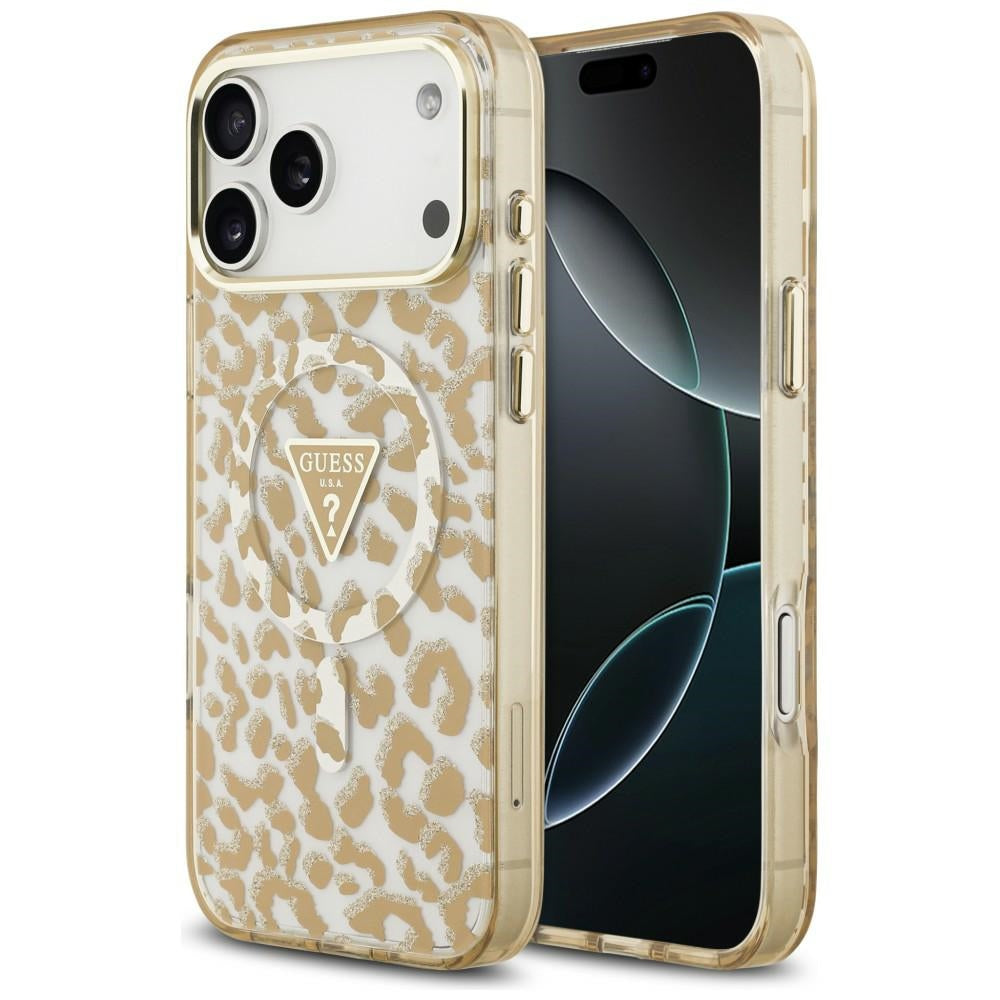 MagSafe Case for Apple iPhone 18 Pro Max / 17 Pro Max, Guess, Leopard Glitter Triangle Logo, Brown