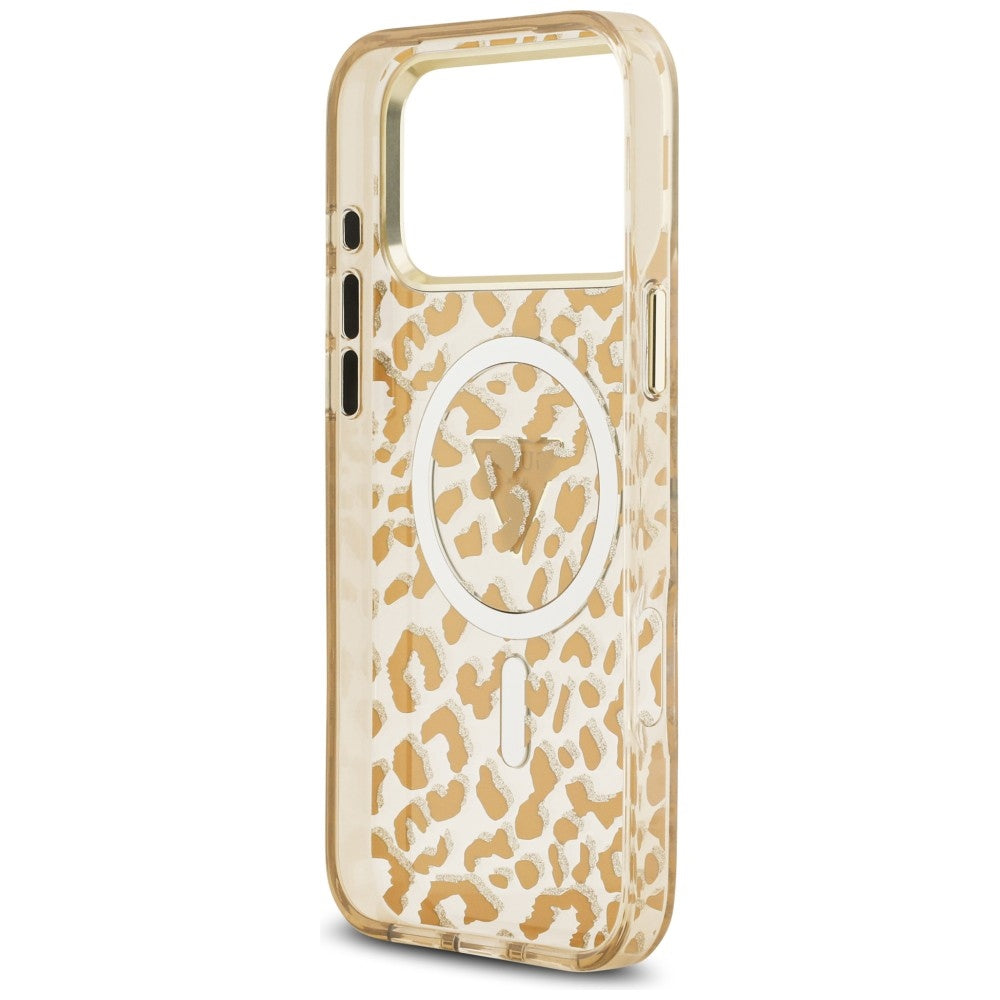 MagSafe Case for Apple iPhone 18 Pro Max / 17 Pro Max, Guess, Leopard Glitter Triangle Logo, Brown
