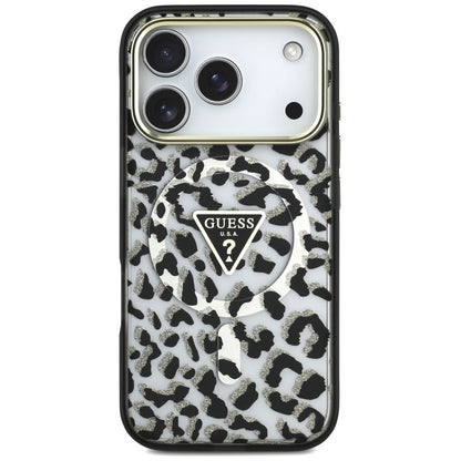 MagSafe Case for Apple iPhone 18 Pro Max / 17 Pro Max, Guess, Leopard Glitter Triangle Logo, Black