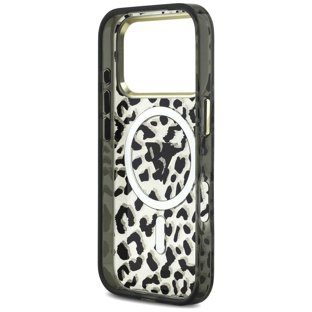 MagSafe Case for Apple iPhone 18 Pro Max / 17 Pro Max, Guess, Leopard Glitter Triangle Logo, Black