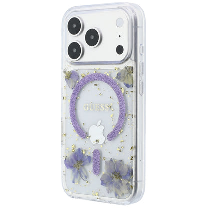 MagSafe Case for Apple iPhone 18 Pro Max / 17 Pro Max, Guess, Resin Flowers and Glitter, Purple