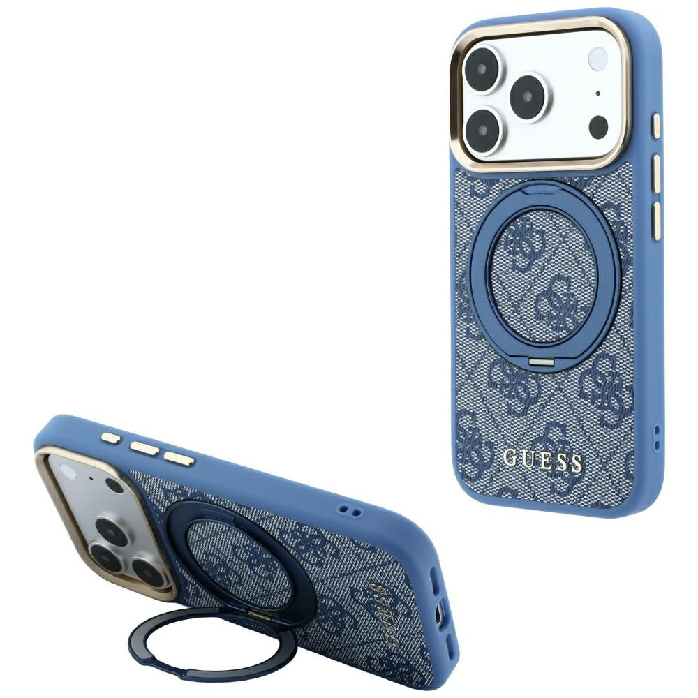 MagSafe Case for Apple iPhone 18 Pro Max / 17 Pro Max, Guess, Ring Stand 360 4G Classic Logo, Blue